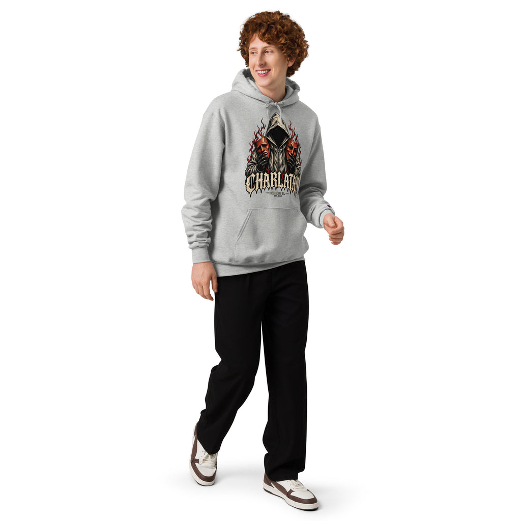 Light gray gothic graphic hoodie shown on a model in a full-body view