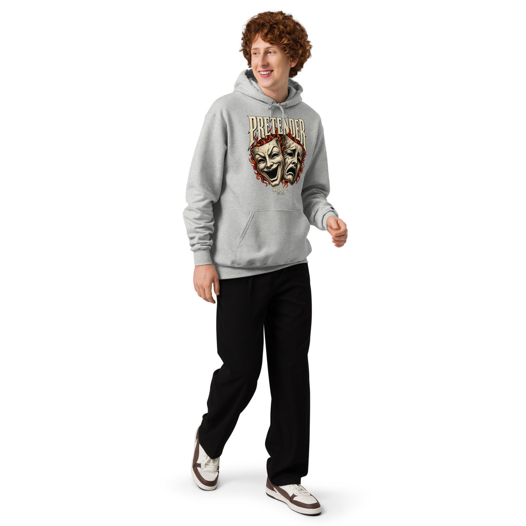 Light steel theater mask graphic hoodie shown full length, with ribbed cuffs and hem