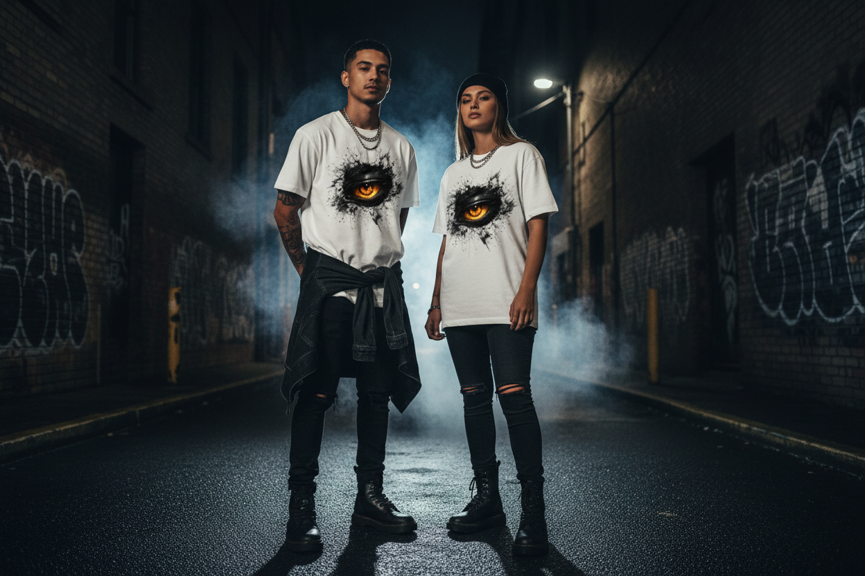 Two unisex T-shirts with glowing eye splash graphics, worn together by a pair
