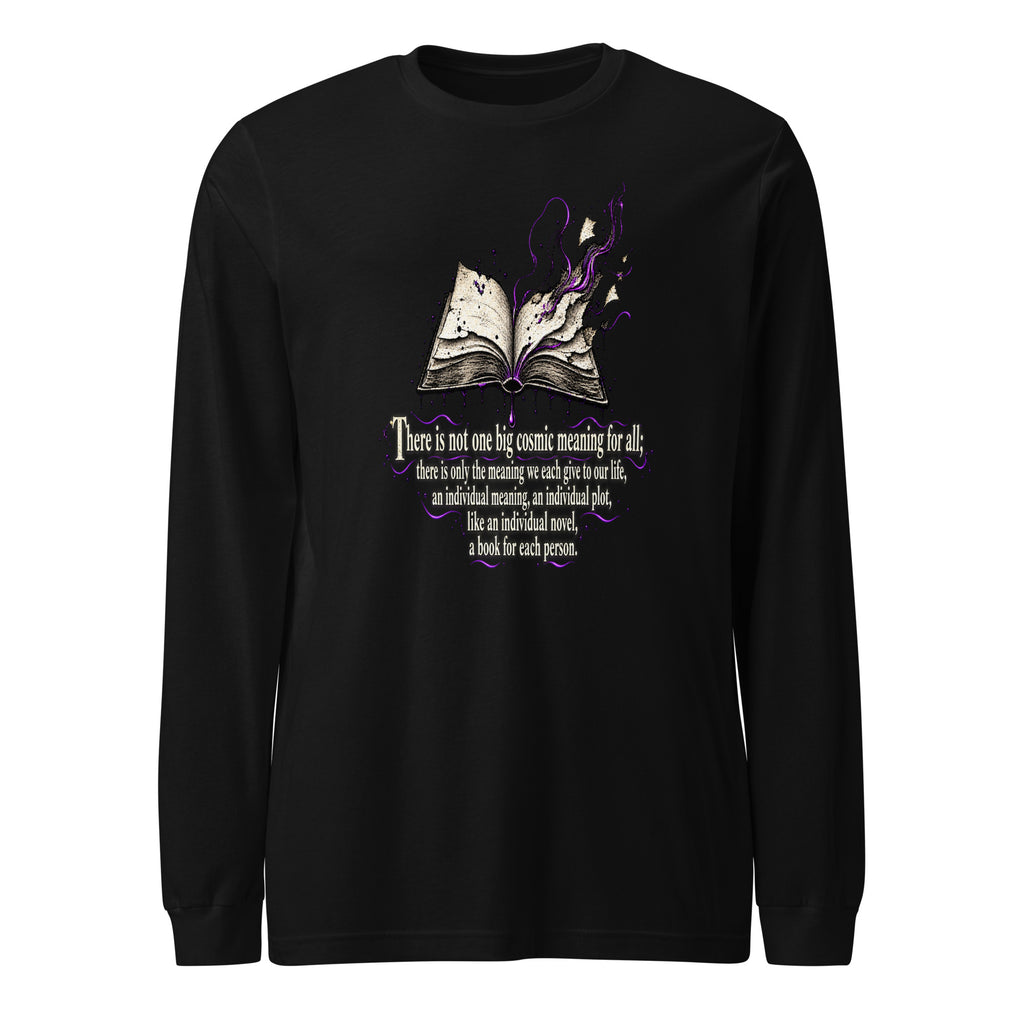 Unisex black long-sleeve crewneck graphic tee with purple-and-white quote artwork on front