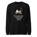 Unisex black long-sleeve crewneck graphic tee with purple-and-white quote artwork on front