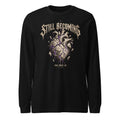 Black unisex long-sleeve graphic tee with heart and text front print