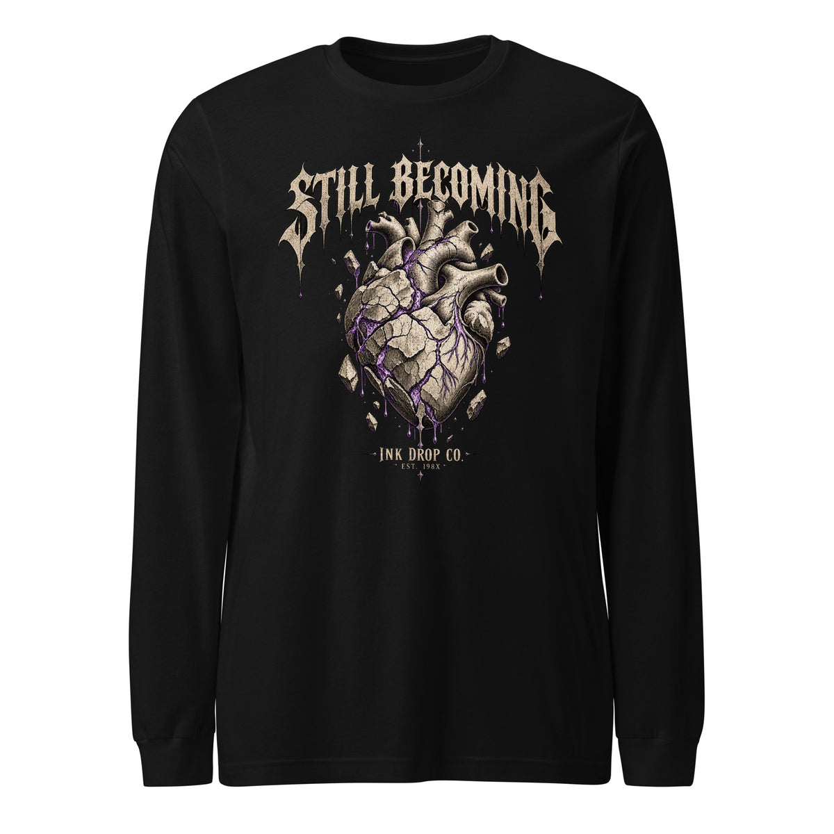 Black unisex long-sleeve graphic tee with heart and text front print
