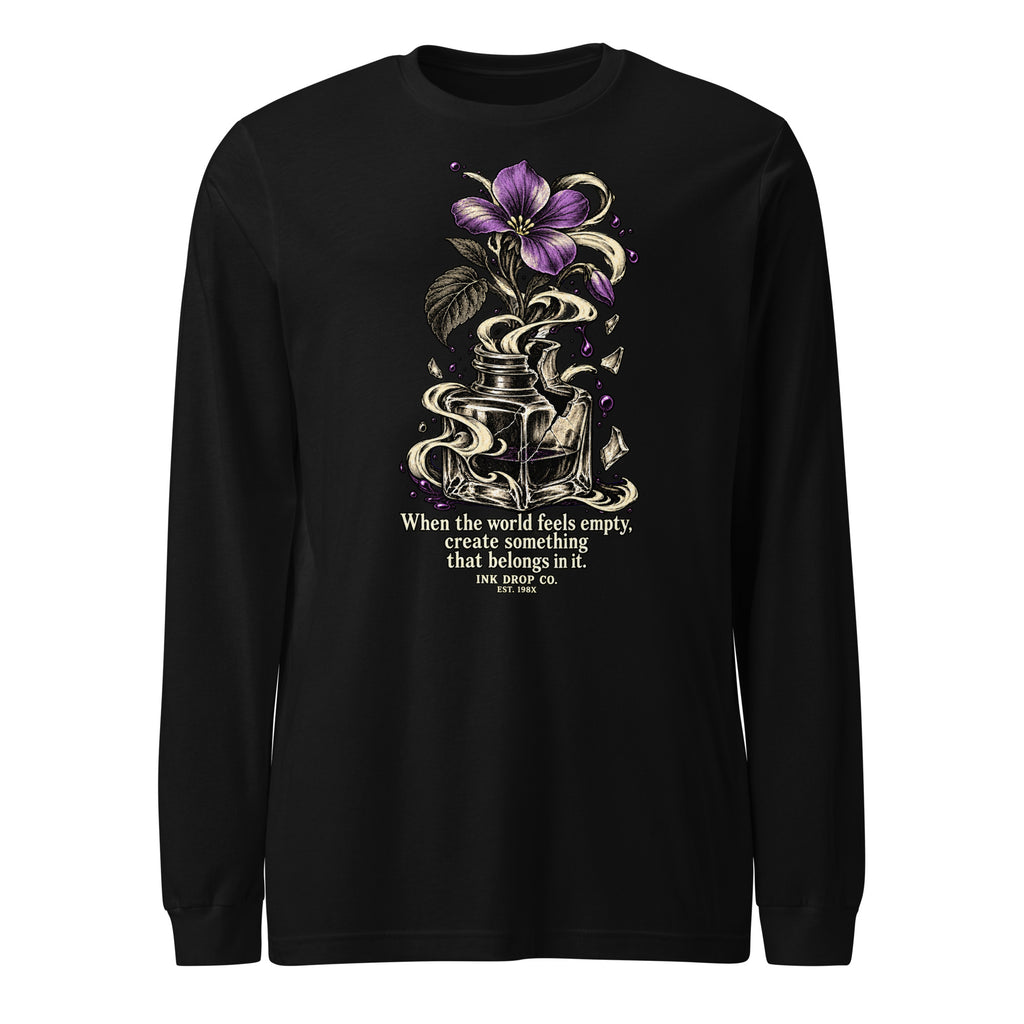 Women’s black long-sleeve crewneck tee with floral graphic and small text on front