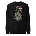 Women’s black long-sleeve crewneck tee with floral graphic and small text on front