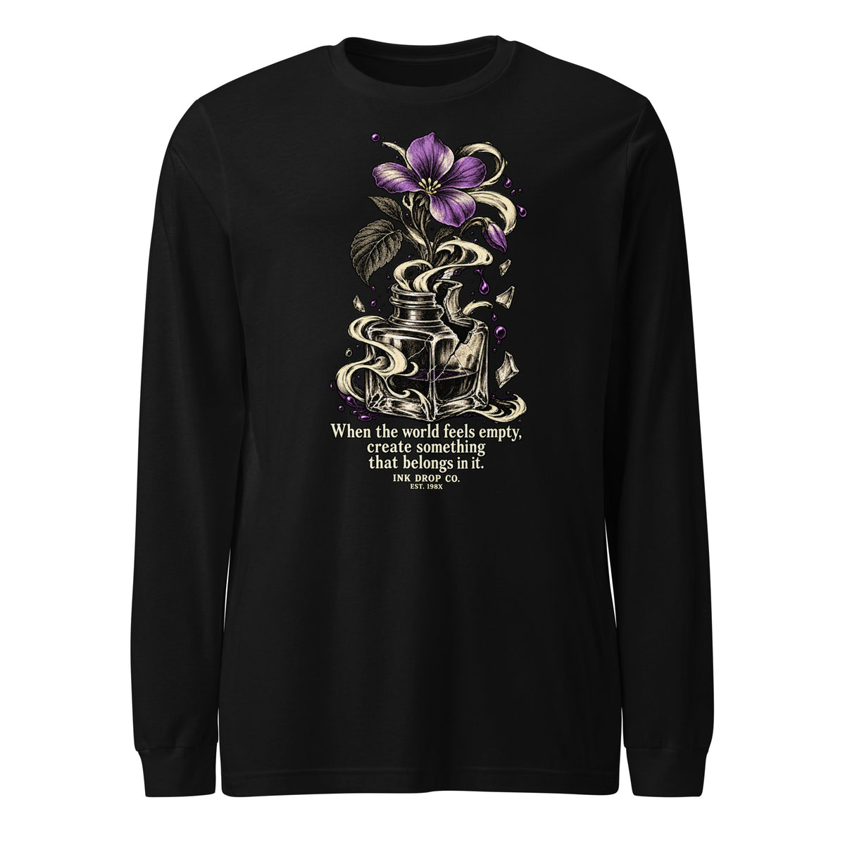 Women’s black long-sleeve crewneck tee with floral graphic and small text on front