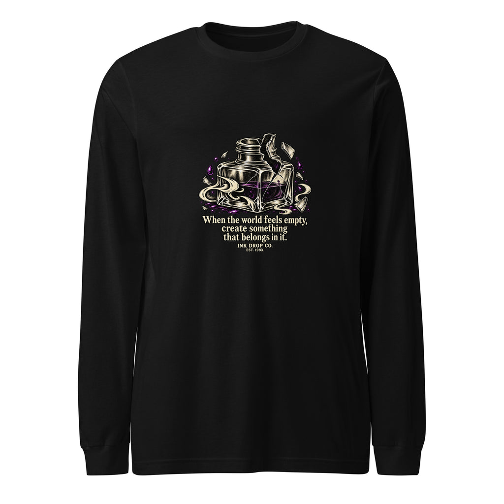 Unisex long-sleeve graphic tee in black, crew neck, front robot graphic logo print