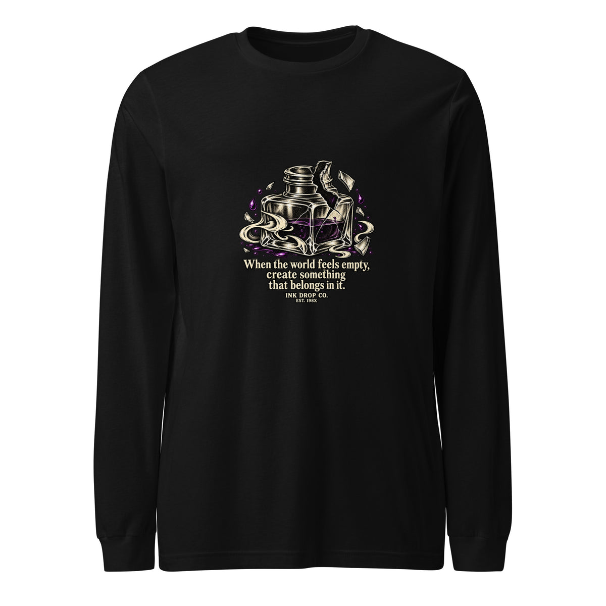 Unisex long-sleeve graphic tee in black, crew neck, front robot graphic logo print