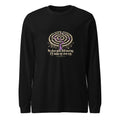 Unisex black long-sleeve graphic tee with maze emblem and slogan on chest