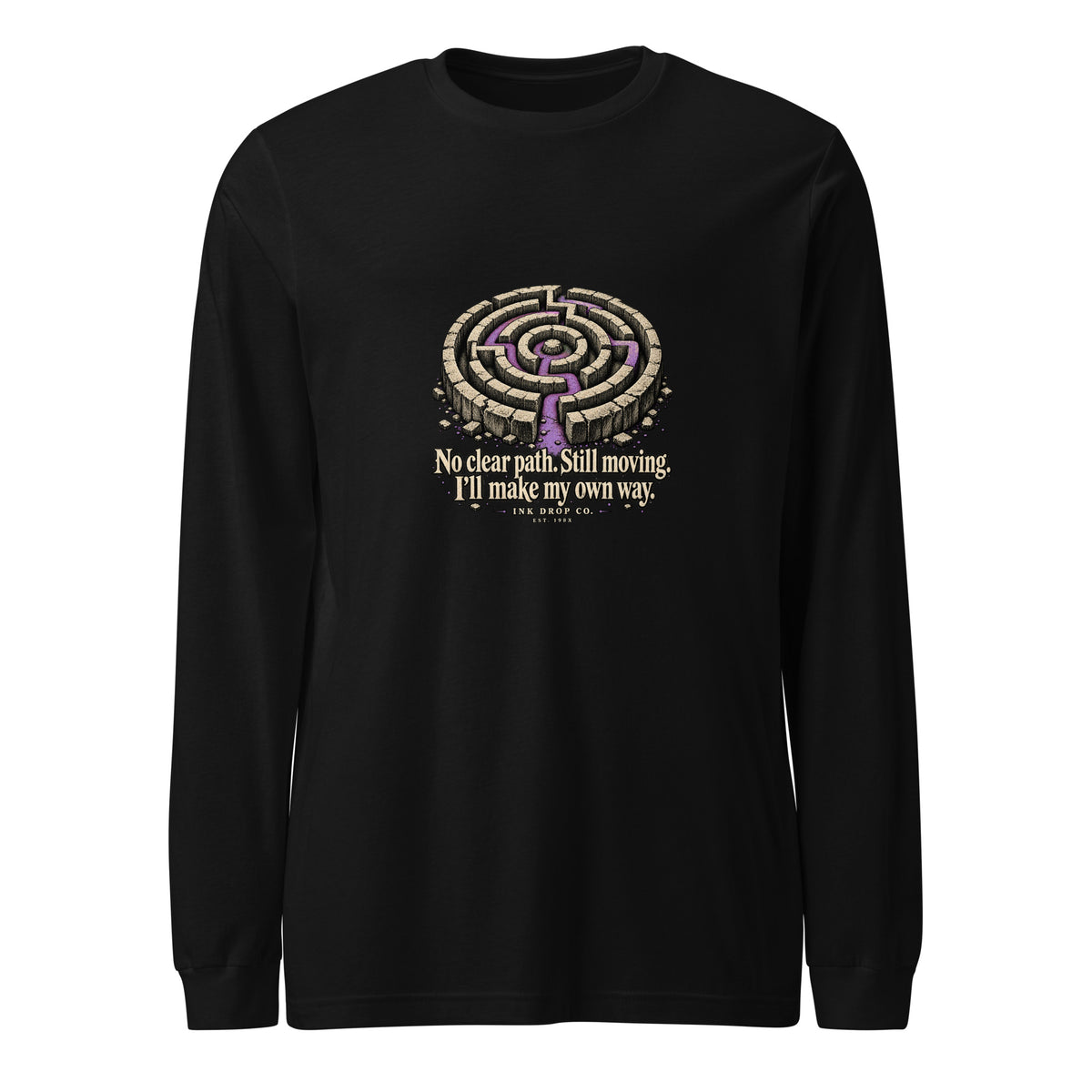 Unisex black long-sleeve graphic tee with maze emblem and slogan on chest