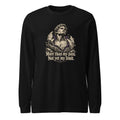 Black unisex long sleeve graphic tee with front angel-like figure and quote