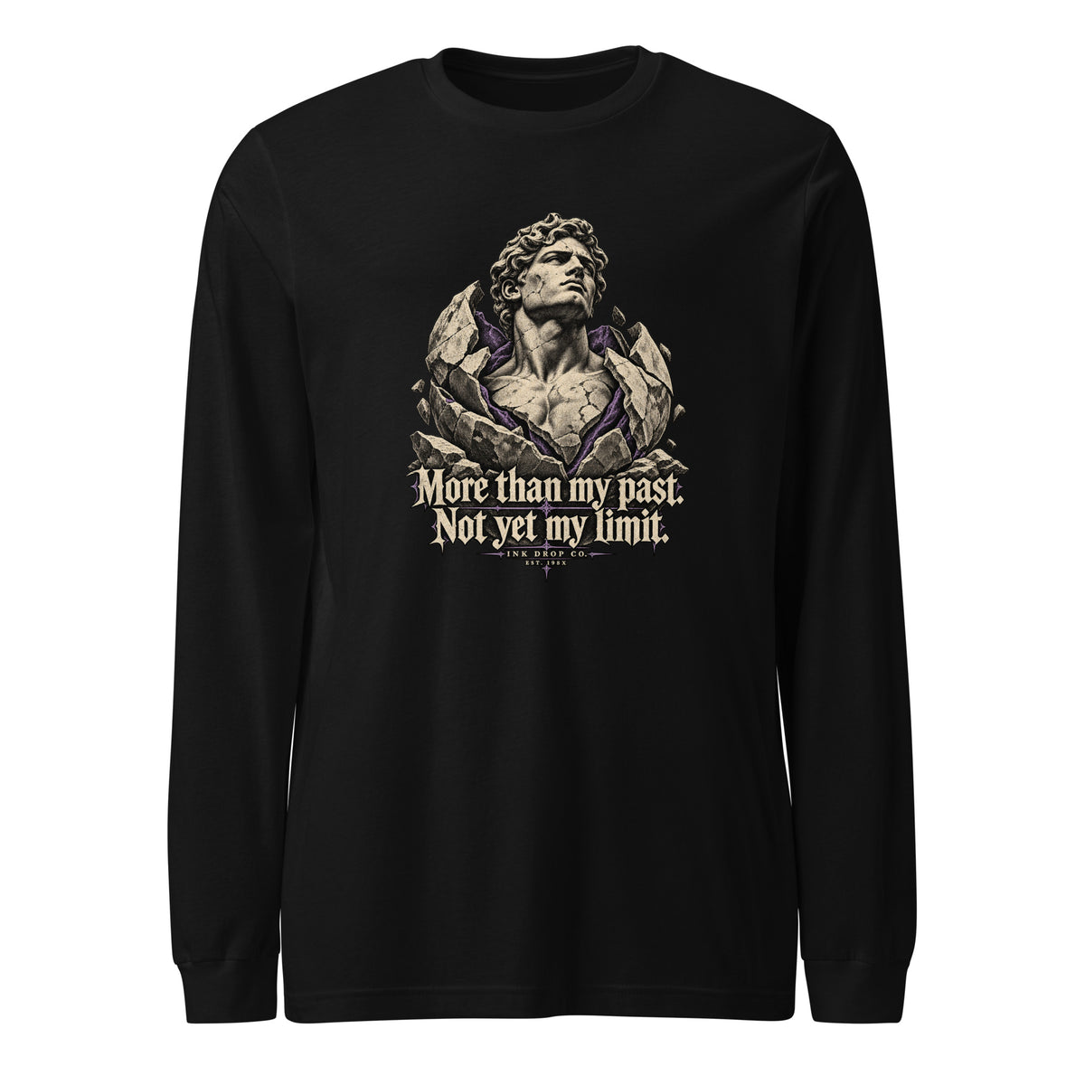 Black unisex long sleeve graphic tee with front angel-like figure and quote