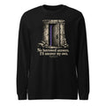 Black unisex long-sleeve tee with door graphic and quote print on chest