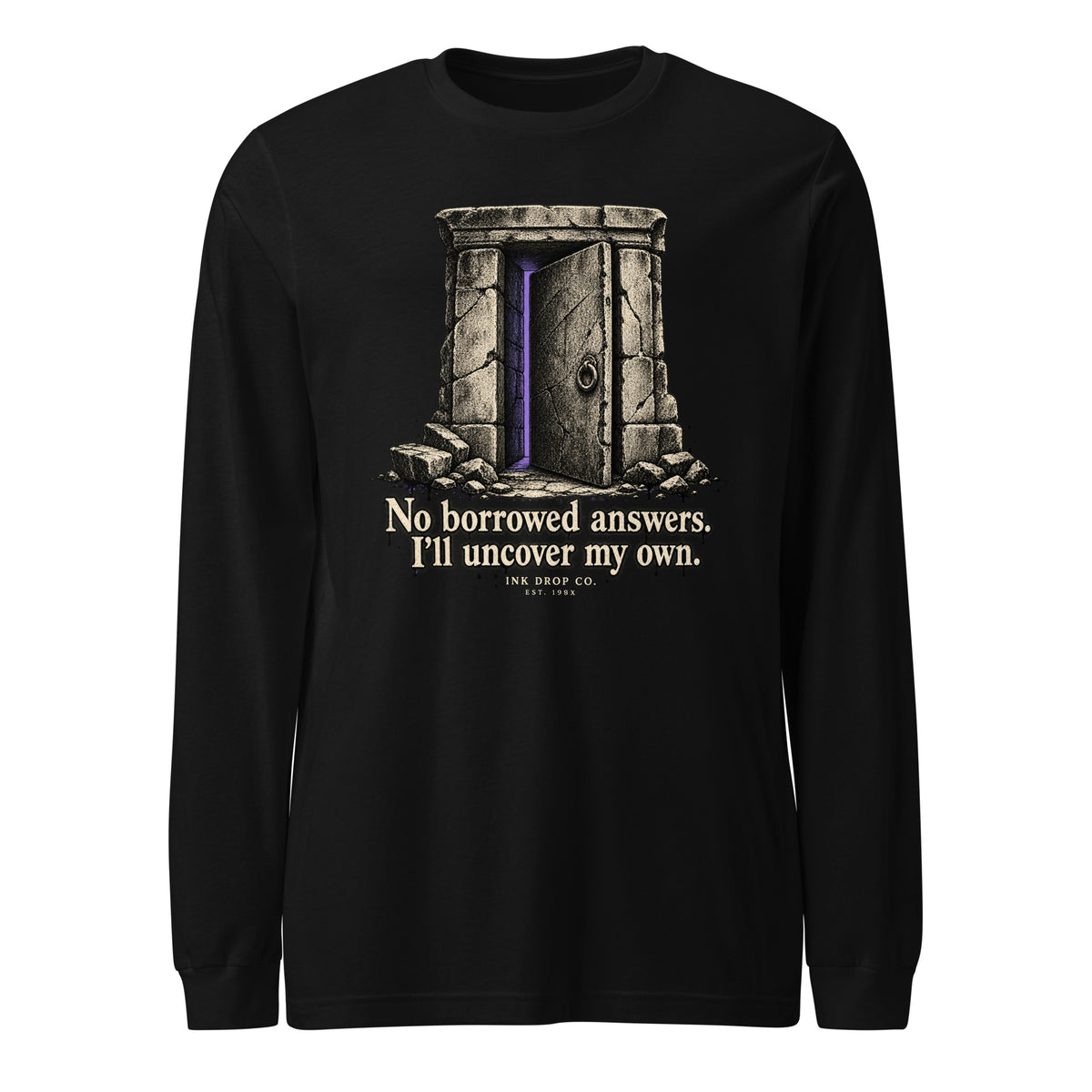 Black unisex long-sleeve tee with door graphic and quote print on chest