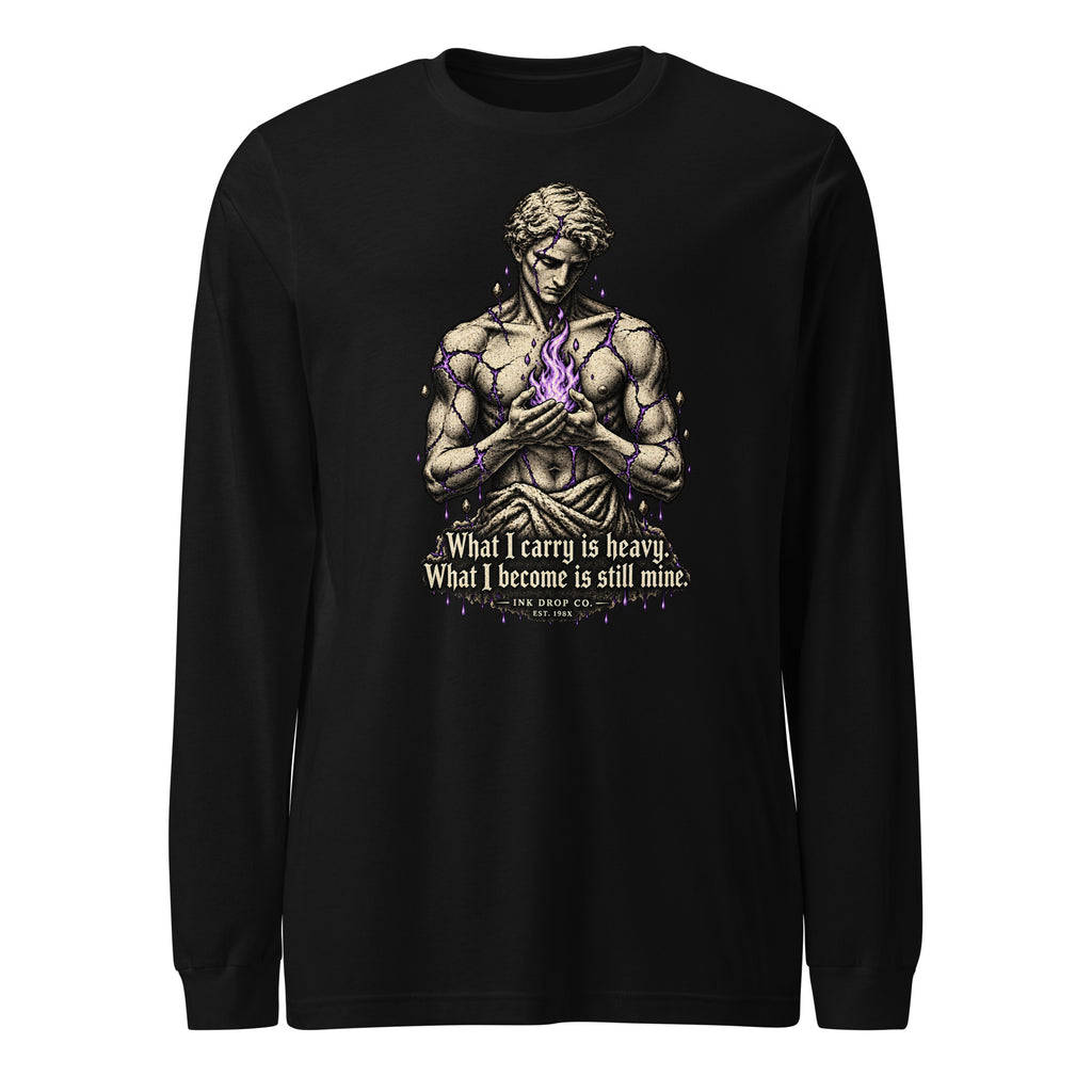 Unisex black long-sleeve graphic tee with muscular portrait and quote on front.