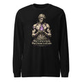 Unisex black long-sleeve graphic tee with muscular portrait and quote on front.