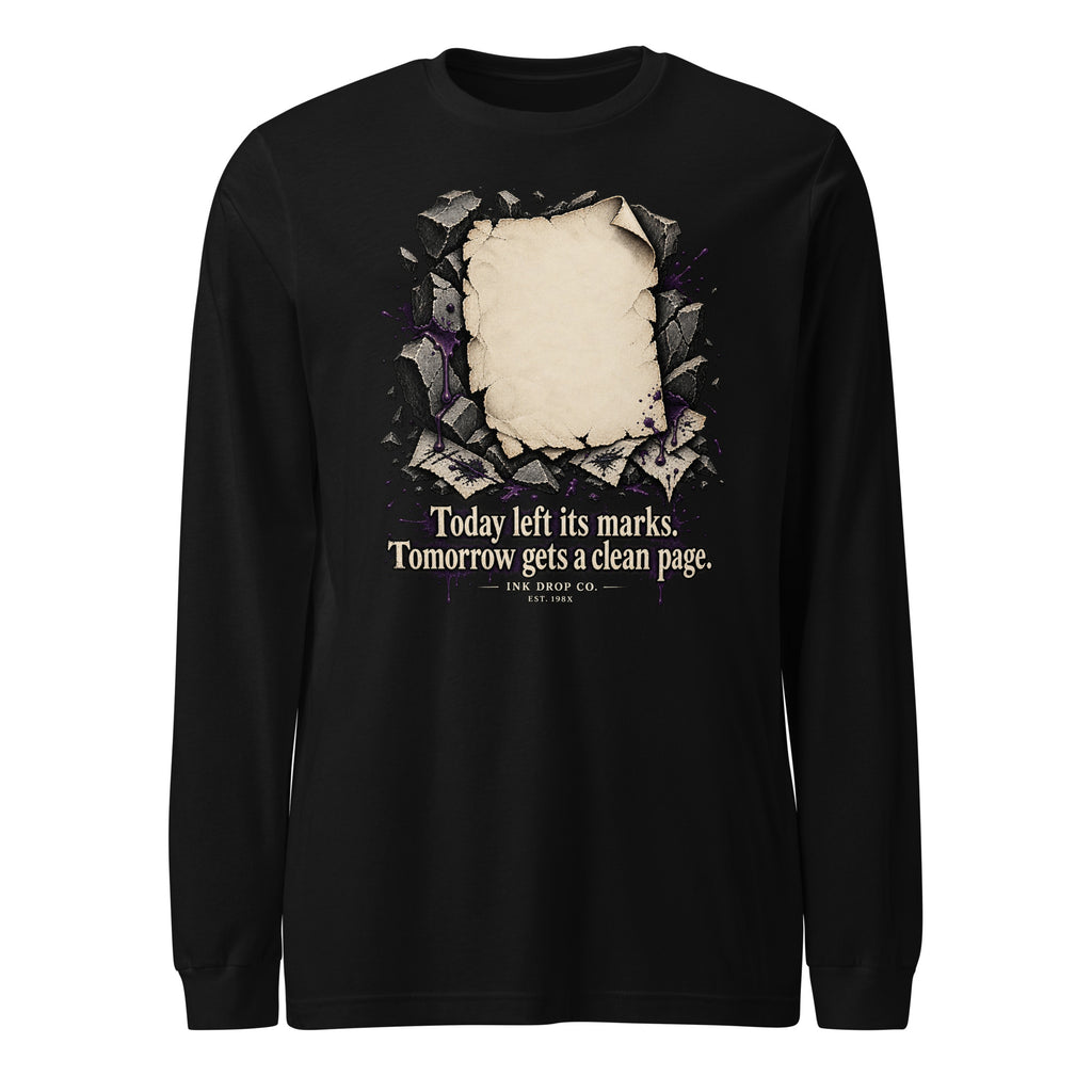 Unisex black long sleeve graphic tee with large distressed square chest print