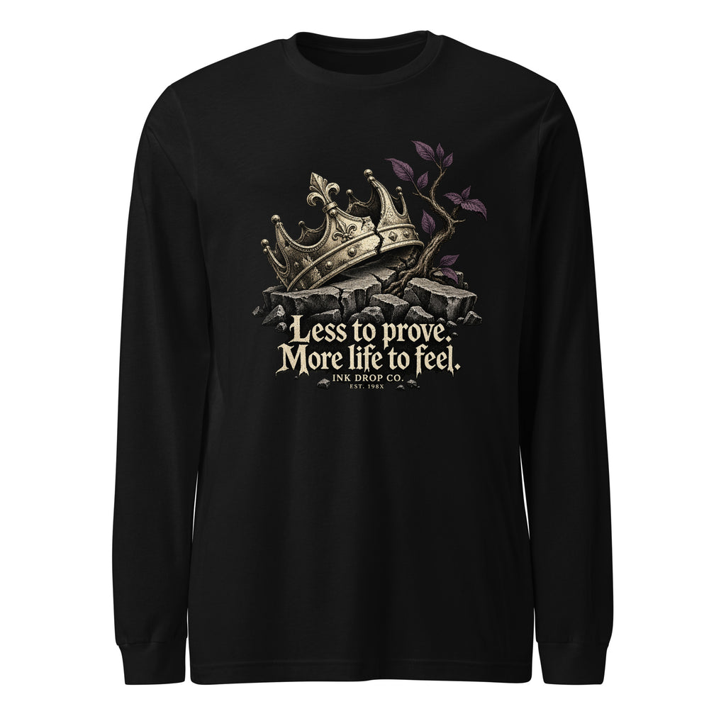 Unisex black long-sleeve graphic tee with crown, rocks, and quote print at center