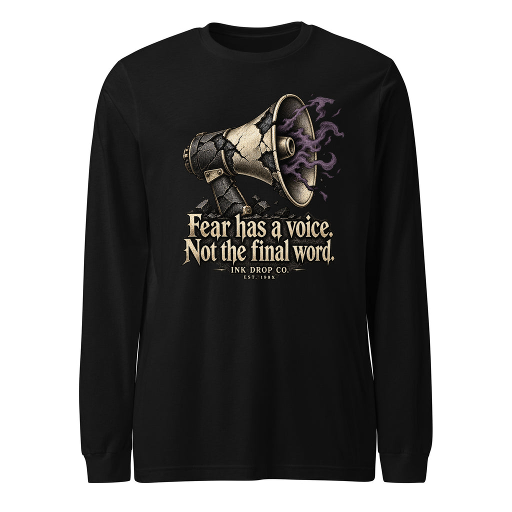 Black unisex long-sleeve crewneck tee with megaphone graphic and Fear has a voice text