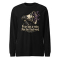Black unisex long-sleeve crewneck tee with megaphone graphic and Fear has a voice text