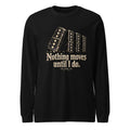 Black unisex long-sleeve tee with gold domino graphic and slogan print