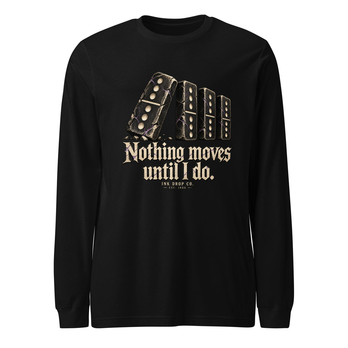 Black unisex long-sleeve tee with gold domino graphic and slogan print