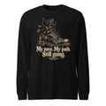 Unisex long sleeve graphic tee in black, with boot and text 'My pace. My path. Still going.'