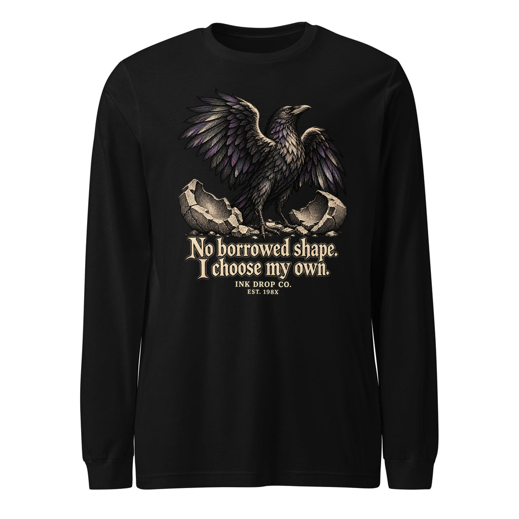 Black unisex long-sleeve tee with front eagle graphic and quote print.