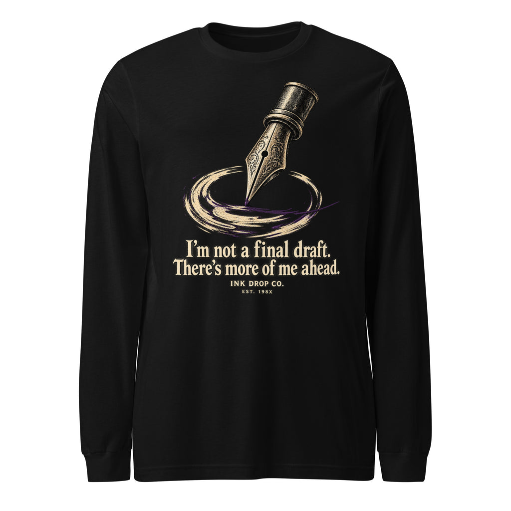 Black unisex long sleeve crewneck tee with front graphic text and ink drop icon