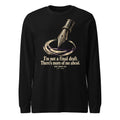 Black unisex long sleeve crewneck tee with front graphic text and ink drop icon