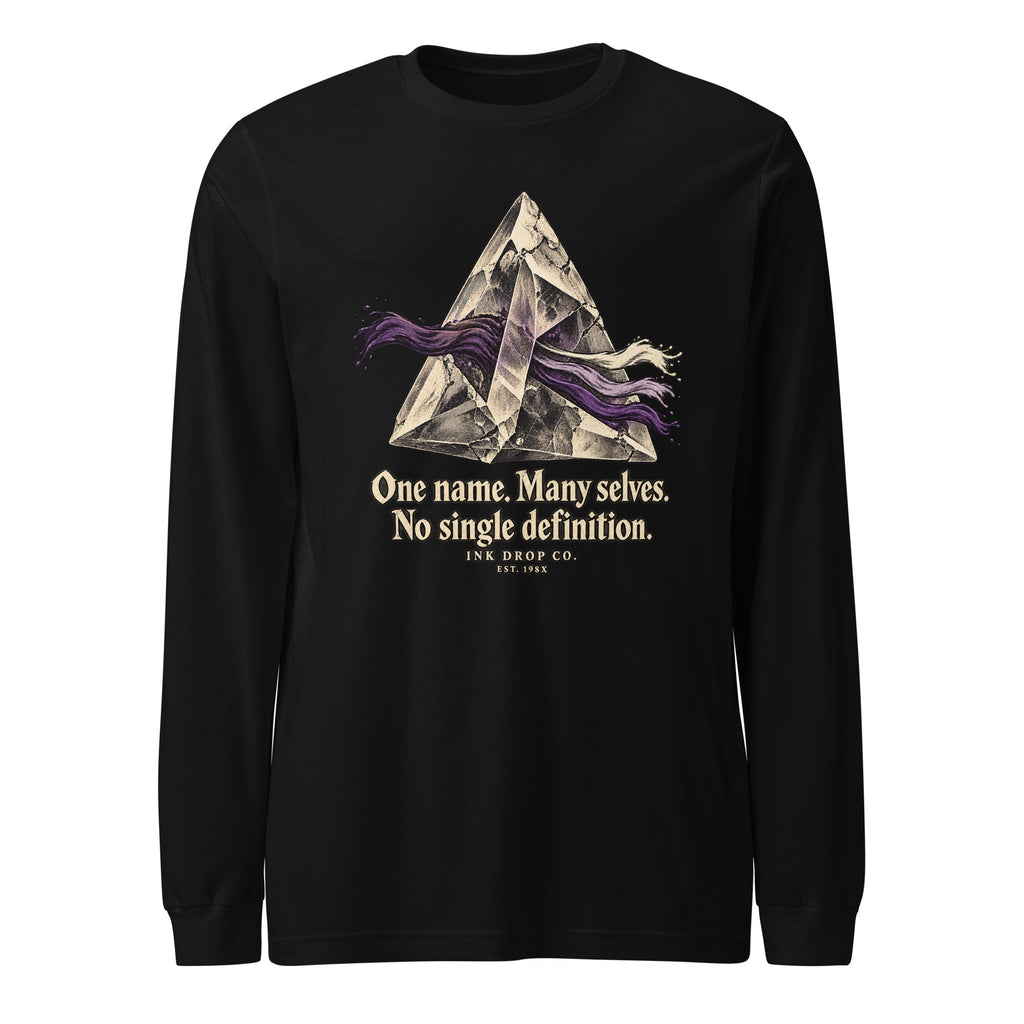 Black long-sleeve graphic tee with mountain illustration and 'One name. Many selves.'