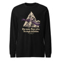 Black long-sleeve graphic tee with mountain illustration and 'One name. Many selves.'