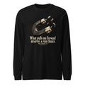 Unisex black long sleeve tee with front horseshoe-style graphic and text print