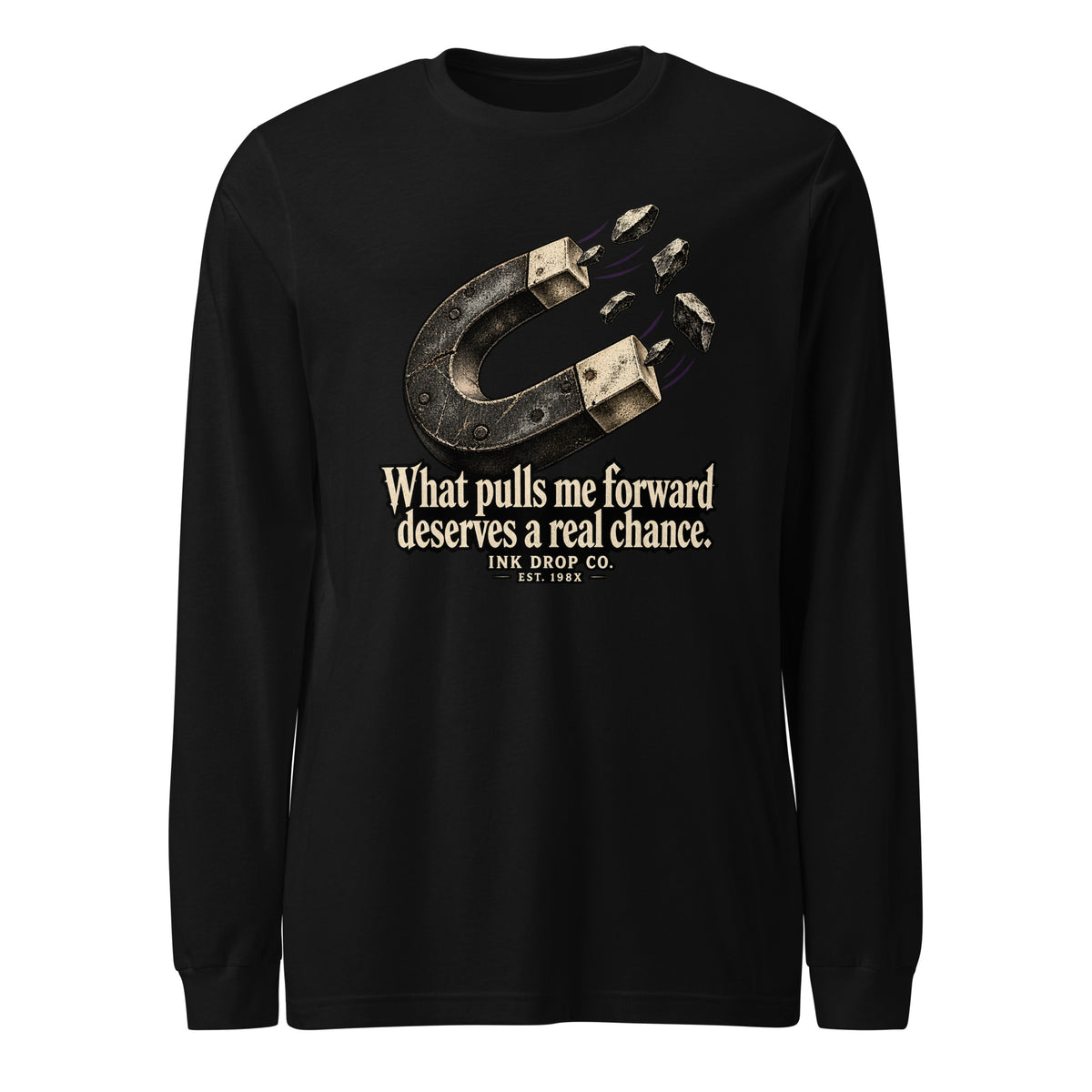 Unisex black long sleeve tee with front horseshoe-style graphic and text print