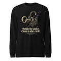 Unisex black long-sleeve graphic tee with lock-and-keys artwork and flame accents