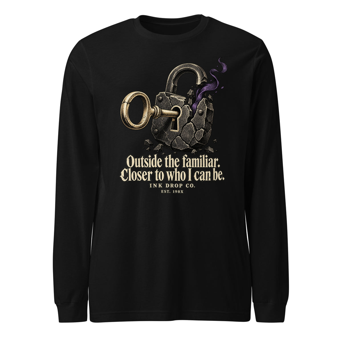 Unisex black long-sleeve graphic tee with lock-and-keys artwork and flame accents