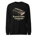 Unisex black long-sleeve crew tee with front quote graphic and matchbox illustration