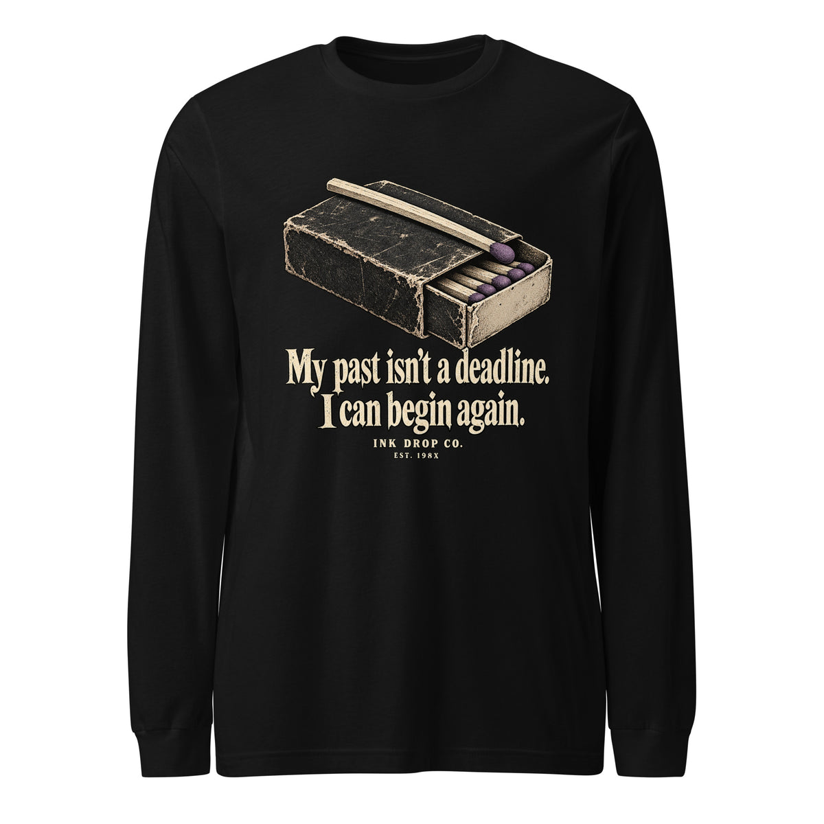 Unisex black long-sleeve crew tee with front quote graphic and matchbox illustration