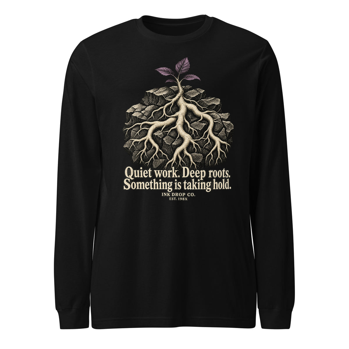 Black unisex long-sleeve tee with tree-roots graphic and quote text