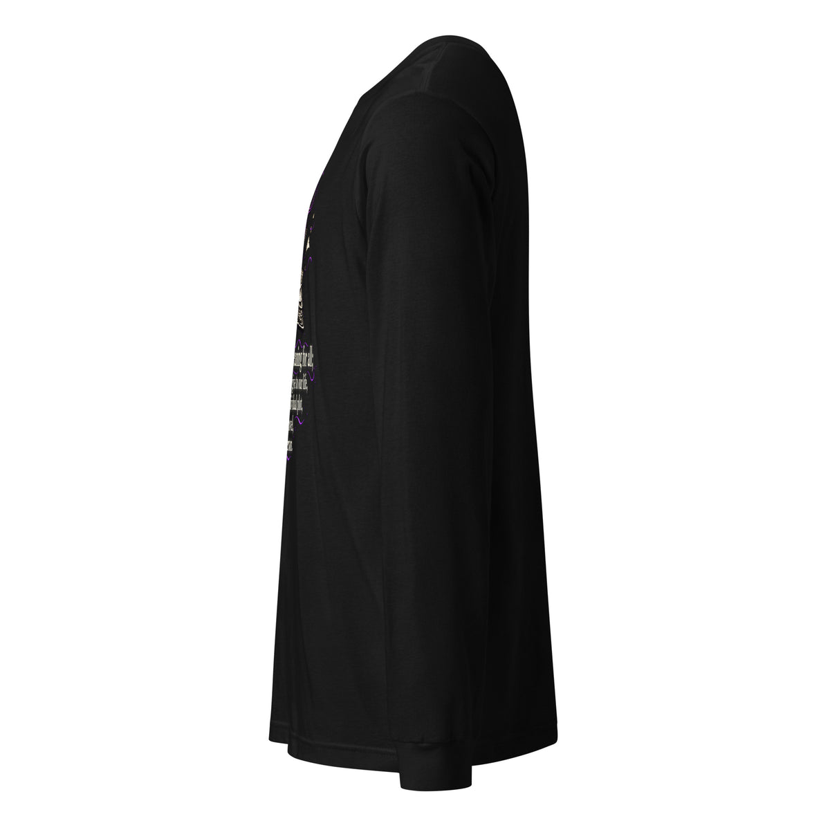 Unisex black long-sleeve crewneck graphic tee, side view with partial front artwork