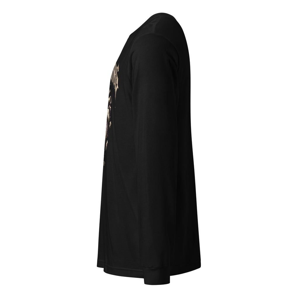 Black unisex long-sleeve graphic tee side view
