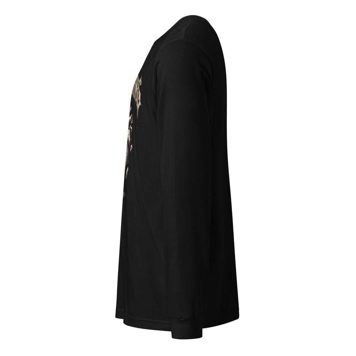 Black unisex long-sleeve graphic tee side view