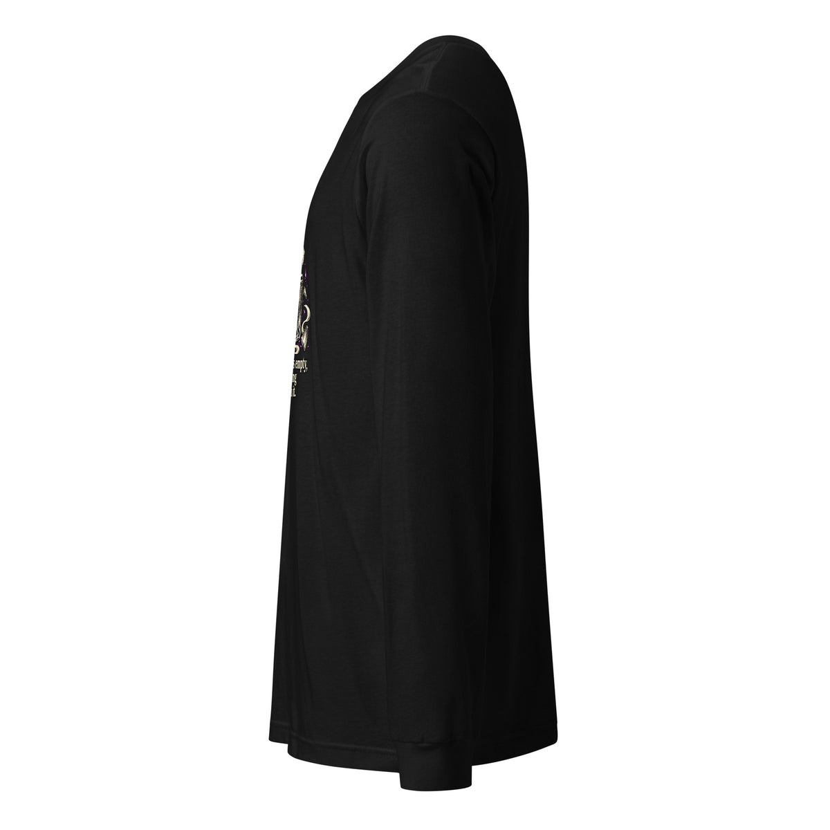 Unisex long-sleeve graphic tee in black, side view with partial front graphic on sleeve