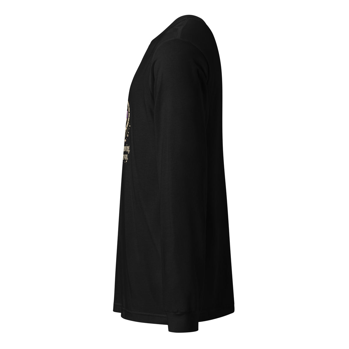 Unisex black long-sleeve tee, side view with graphic detail on sleeve
