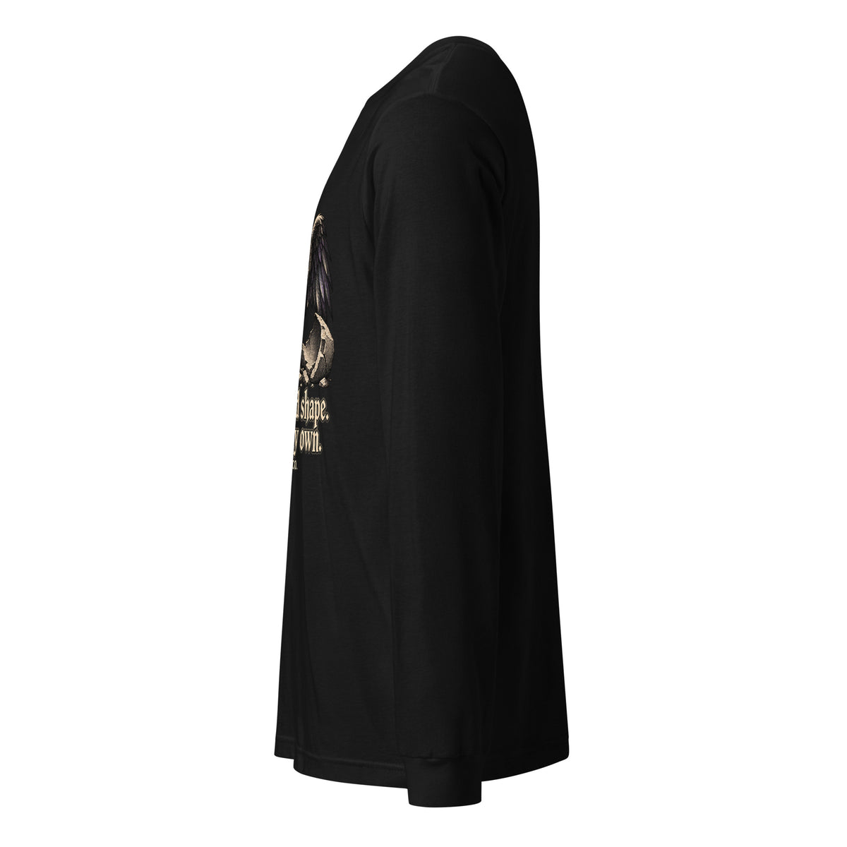 Black unisex long-sleeve tee, side view with partial front graphic.