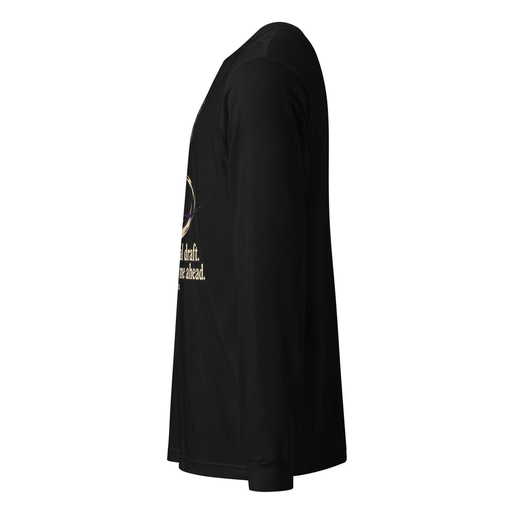 Black unisex long sleeve crewneck tee, side view with partial front graphic