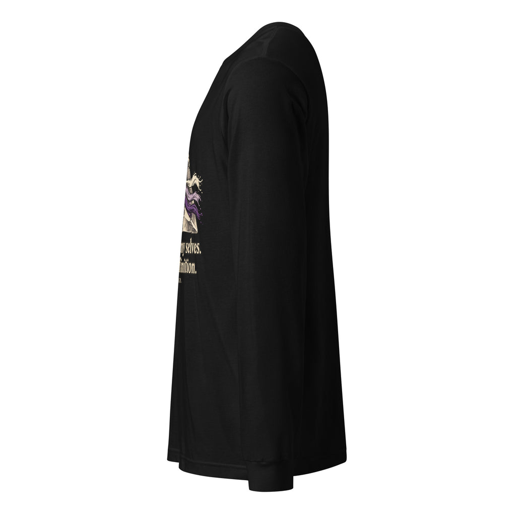 Black long-sleeve tee with graphic print on left chest, side profile
