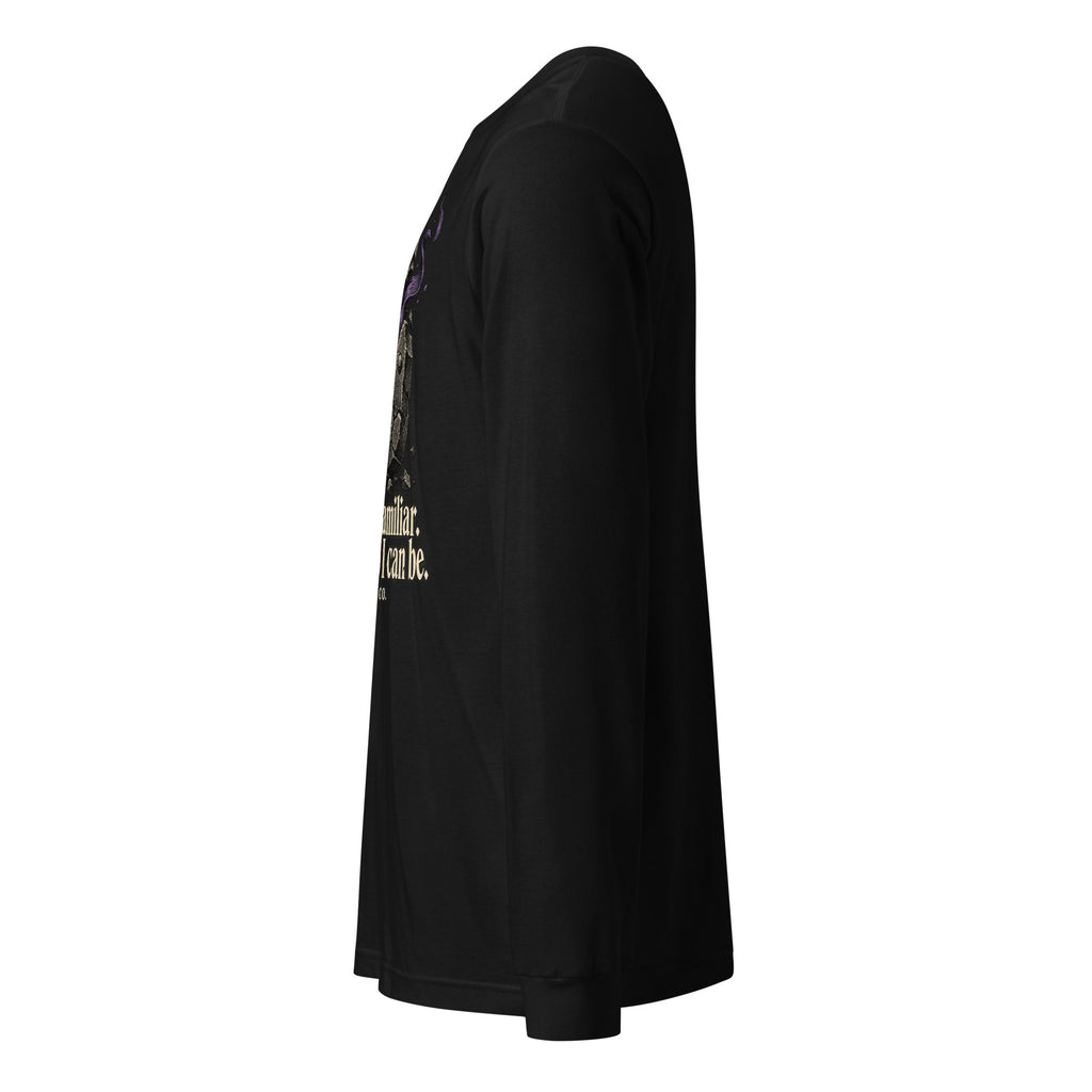 Unisex black long-sleeve tee with partial front graphic visible from the side