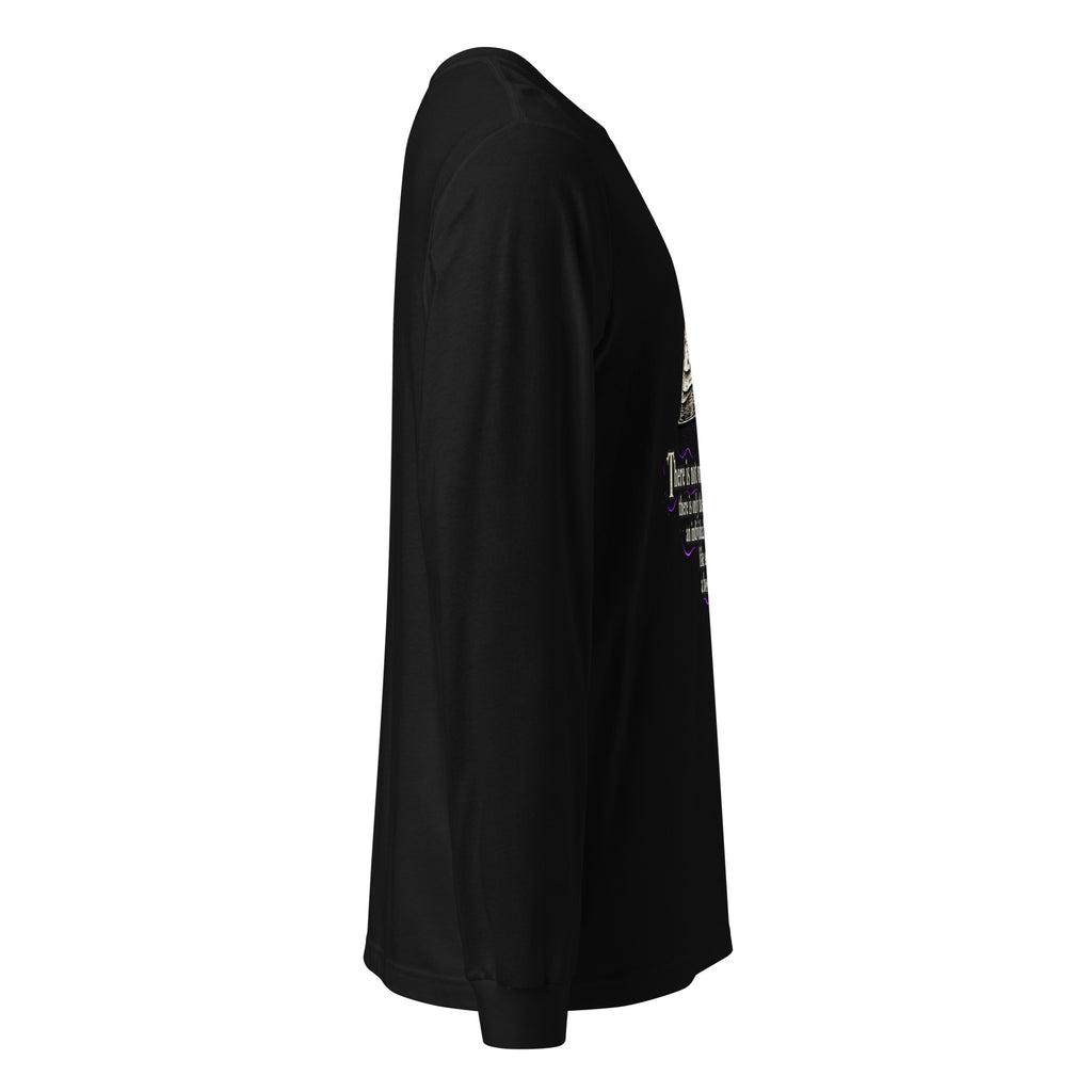 Unisex black long-sleeve crewneck graphic tee, angled side view with front print edge