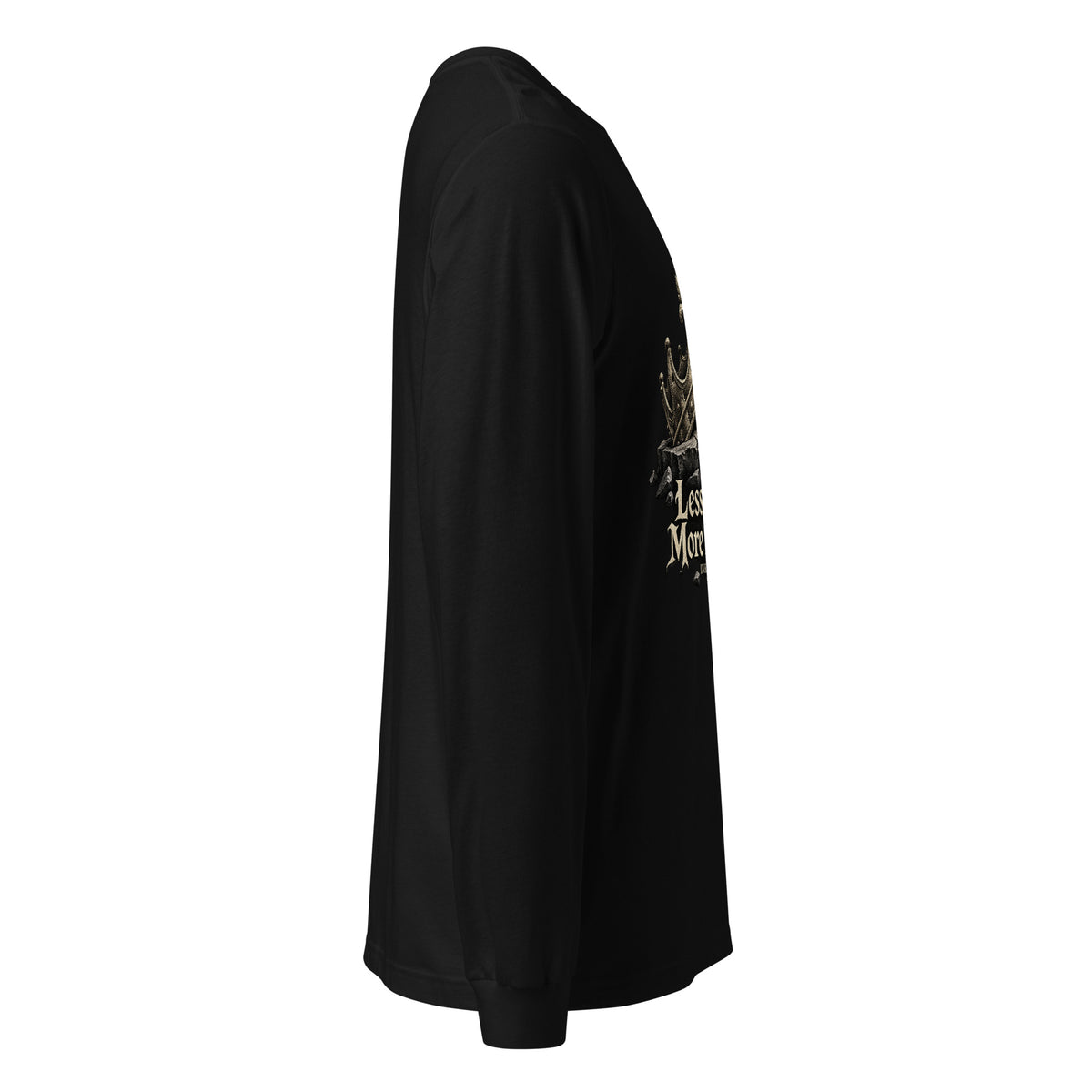 Unisex black long-sleeve graphic tee, angled side view showing sleeve and partial print